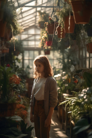 Portrait of a beautiful girl in a greenhouse with plants and flowersの素材
