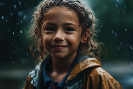 Portrait of a beautiful little girl in raincoat and raincoatの素材