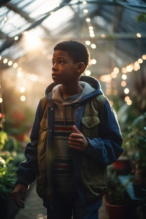 Young african american boy in a greenhouse. Selective focus.の素材