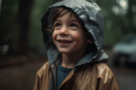 Portrait of a cute little boy in raincoat. Rainy day.の素材