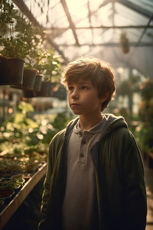 Portrait of a cute little boy in a greenhouse. Toning.の素材