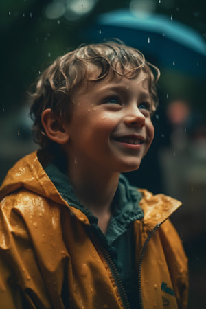 Portrait of a cute little boy in raincoat and raincoatの素材