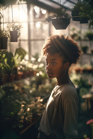 Beautiful african american woman looking away while working in greenhouseの素材