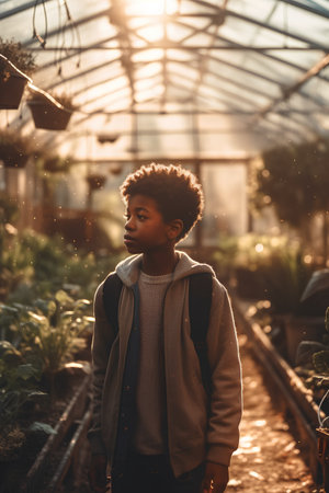 Portrait of a young African-American girl in a greenhouse.の素材