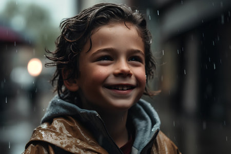 Portrait of a smiling boy in the rain on a rainy dayの素材