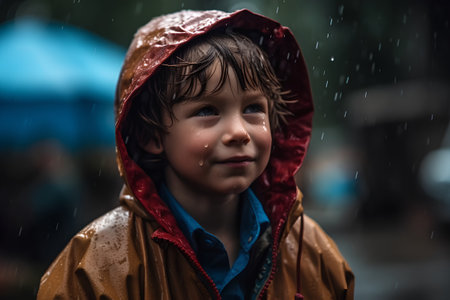 Portrait of a cute little boy in raincoat looking at cameraの素材