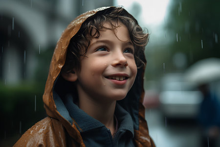 Portrait of a boy in raincoat and raincoat on the streetの素材