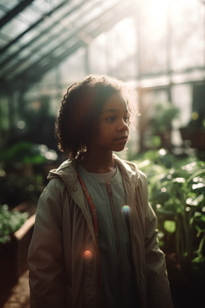Portrait of african american girl looking away in greenhouse.の素材