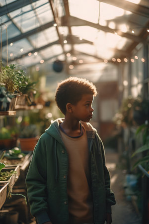 Portrait of a young African-American boy in a greenhouse.の素材