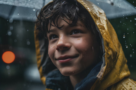 Portrait of a boy in a yellow raincoat in the rainの素材