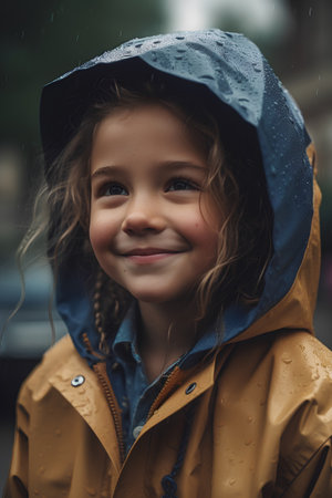 Portrait of a beautiful little girl in raincoat and raincoatの素材