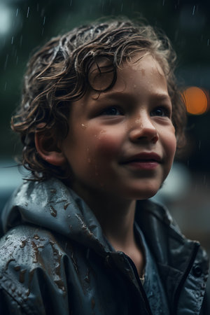 Portrait of a boy in a raincoat on a rainy dayの素材