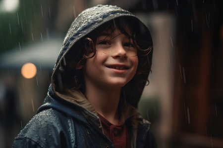 Portrait of a boy in a coat and hat in the rainの素材