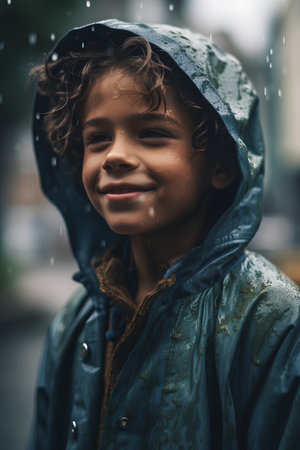 portrait of smiling little boy in raincoat looking at camera on streetの素材