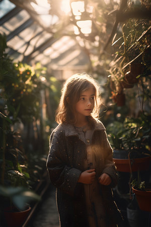 Little girl with long hair in a coat stands in a greenhouse.の素材