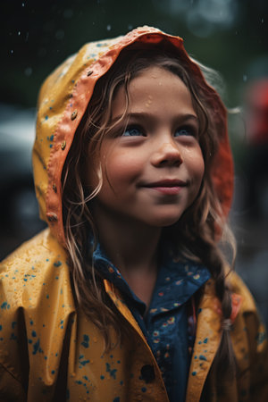 Portrait of a beautiful little girl in raincoat and raincoatの素材