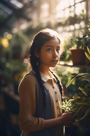Portrait of a little girl in a greenhouse with a plant.の素材