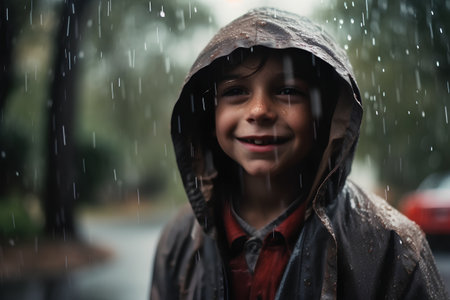 Little girl in raincoat and hoodie standing in the rain.の素材