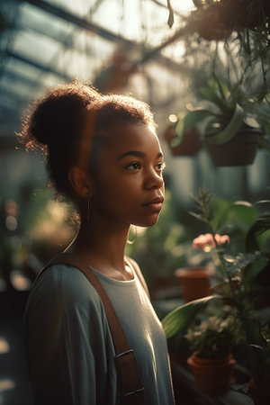 Beautiful african american woman looking away while standing in greenhouseの素材