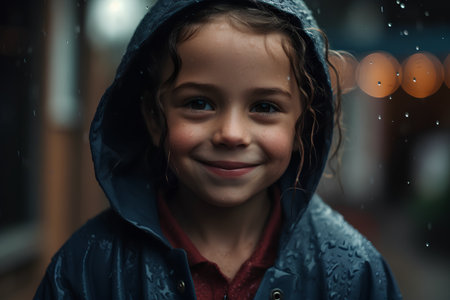 Portrait of a smiling little girl in raincoat at night.の素材
