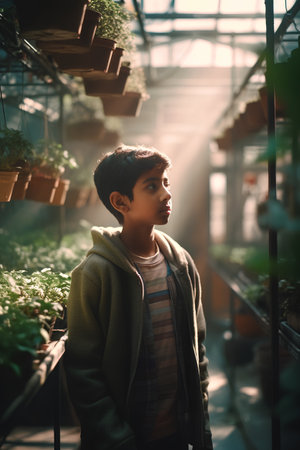 Portrait of a boy in a greenhouse looking at the camera.の素材