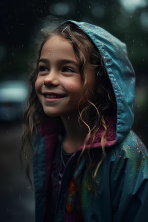 Portrait of a smiling little girl in raincoat and raincoatの素材