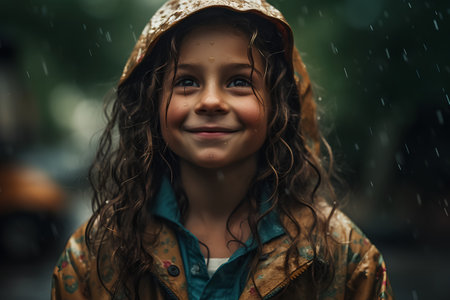 Portrait of a cute little girl in raincoat and hat.の素材