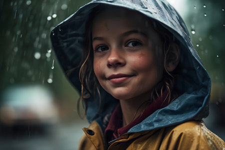 Portrait of a beautiful little girl in raincoat and raincoat.の素材