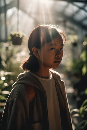 Portrait of a beautiful asian girl in a greenhouse at sunset.の素材
