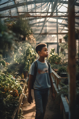 Portrait of a young African-American boy in a greenhouse.の素材