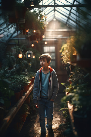 Little boy in a greenhouse with potted plants. The boy is standing in the greenhouse.の素材