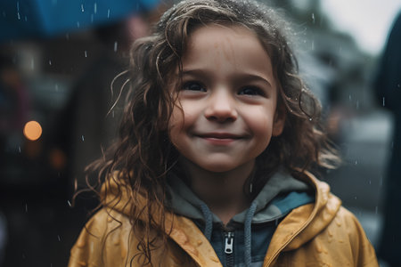 Portrait of a cute little girl on the street in the rainの素材