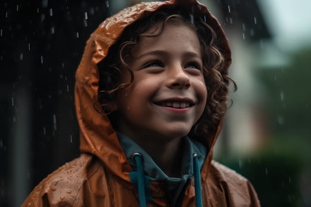 Portrait of a smiling little boy in raincoat at the streetの素材