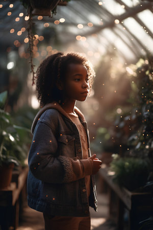 Little african american girl standing in greenhouse and looking at camera.の素材