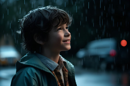 portrait of a boy on the street in the rain at nightの素材