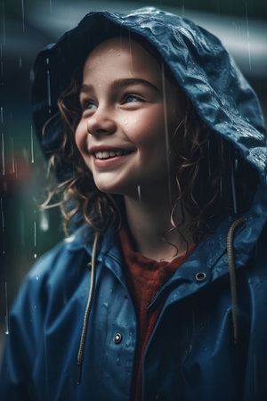 Portrait of a beautiful smiling girl in raincoat and raincoatの素材