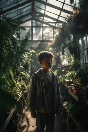 Portrait of a boy in a greenhouse, looking at the cameraの素材