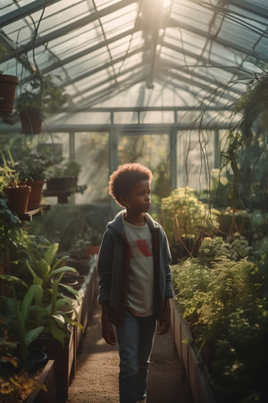 African american boy looking at camera while walking in greenhouse with plantsの素材