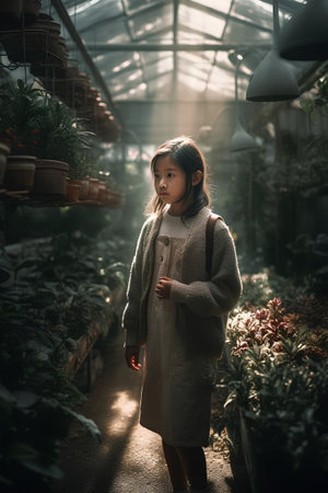 Beautiful young asian woman shopping in a greenhouse, shopping conceptの素材