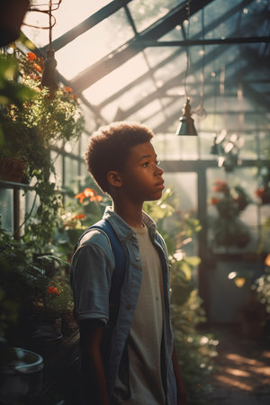 Portrait of a young African-American boy in a greenhouse.の素材