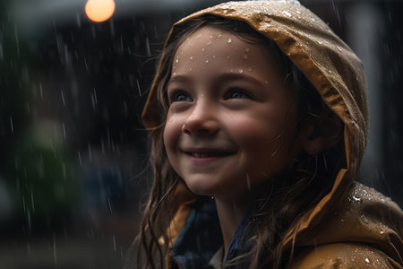 Portrait of a smiling girl in raincoat and raincoat.の素材
