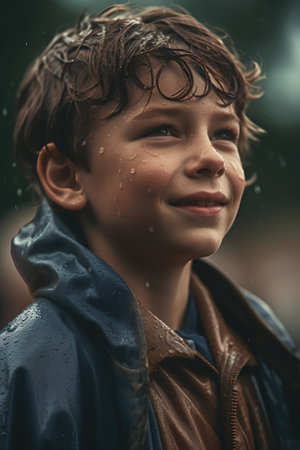 Portrait of a boy with rain drops on his face outdoors.の素材