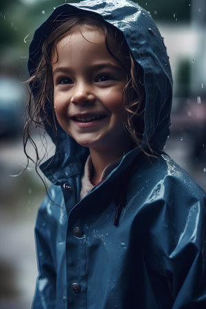 Portrait of a smiling little girl in raincoat, outdoor shotの素材
