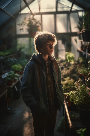 Portrait of a young boy in a greenhouse. Selective focus.の素材