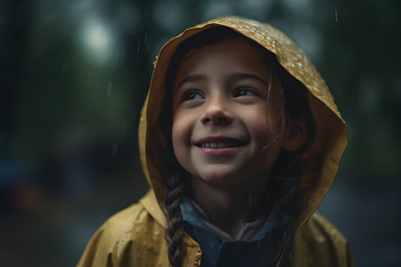 Little girl in yellow raincoat and raincoat smiling at camera outdoorsの素材