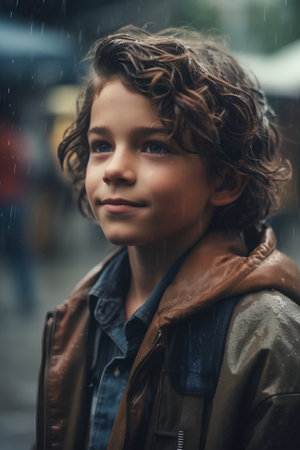 Portrait of a boy with curly hair on the street in the rainの素材