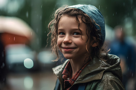 Portrait of a beautiful little girl in a raincoat and hat.の素材