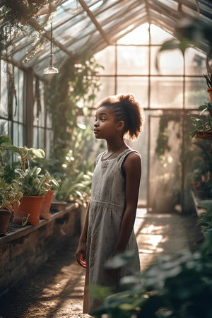 Beautiful african american girl in a greenhouse with potted plants.の素材