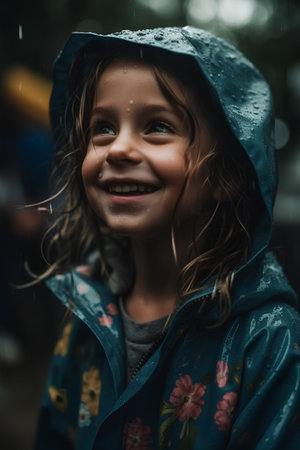 Portrait of a cute little girl in raincoat and raincoatの素材