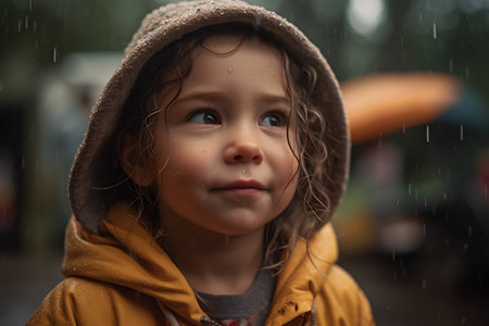 Portrait of a cute little girl with raindrops on her faceの素材